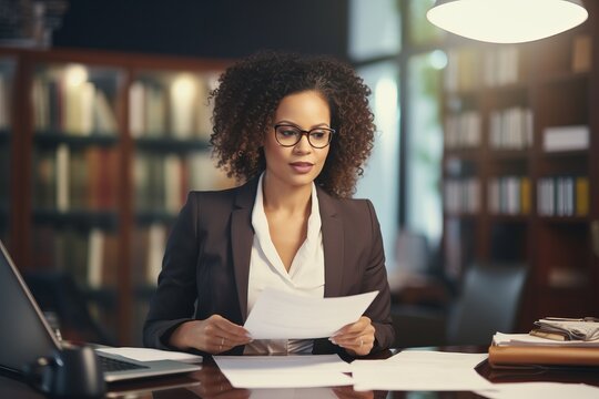young black lawyer woman doing some paperwork in her office