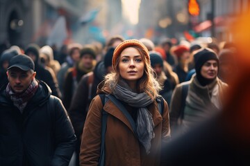 woman standing in a crowded  feminist march for women's rights in March 8th - obrazy, fototapety, plakaty