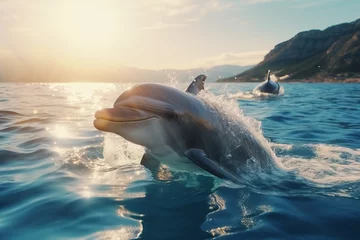 Fotobehang dolphins swimming out of the water in the sea at sunset © urdialex