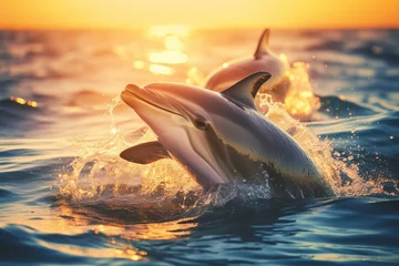 Zelfklevend Fotobehang dolphins swimming out of the water in the sea at sunset © urdialex