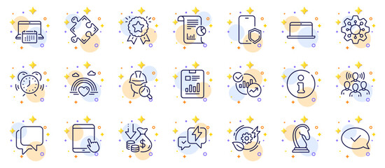 Outline set of Talk bubble, Info and Statistics line icons for web app. Include Phone protect, Marketing strategy, Green energy pictogram icons. Tablet pc, Strategy, Report document signs. Vector
