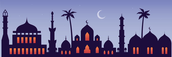 Night city buildings. Mosque and house silhouettes. Islamic vector background