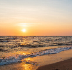 Landscape front view panorama  summer sea wind wave cool holiday calm coastal sunset sky light orange golden evening day look calm Nature tropical Beautiful sea water travel Bangsaen Beach thailand