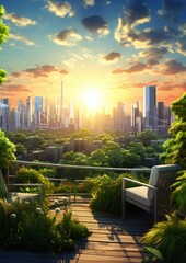 Urban rooftop garden with a lot lush greenery, seating areas, views. Generative Ai.