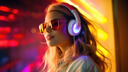 A bright multi-colored image of a woman wearing headphones in a nightclub. Modern pop music, female DJ.