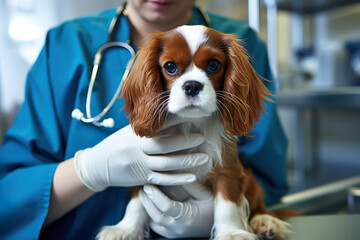 Vet doctor and Dog Cavalier King Charles Spaniel in vet clinic