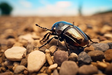 macro shot of a black beetle in the forest ground