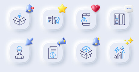 Fototapeta premium Open door, Packing boxes and Get box line icons. Buttons with 3d bell, chat speech, cursor. Pack of Electricity consumption, Engineering documentation, Warning message icon. Vector