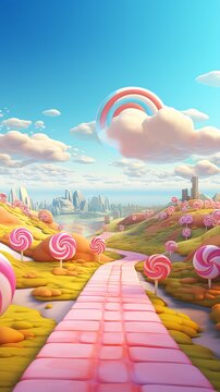 closeup cartoon candy land road miraculous cloudy backdrop shapes princess sky diamonds pathways lollipops white rabbit endless loop dreamworld fanciful