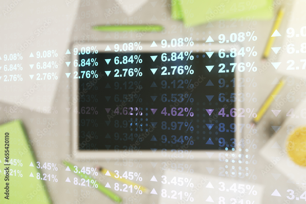 Poster Double exposure of abstract creative statistics data hologram and digital tablet on background, top view, statistics and analytics concept