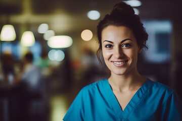 caucasic nurse woman looking to camera with a smile in a hospital - Powered by Adobe