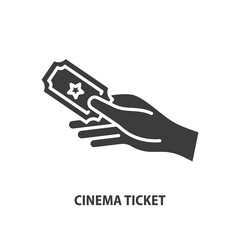 Hand holding cinema ticket glyph icon. Entertainment, cinema symbol. Vector illustration. - 655420398