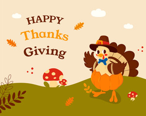 Thanksgiving Day. Banner, inscription on card. Turkey, pumpkins, Autumn harvest in a basket, autumn leaves. Vector graphics in cartoon style.