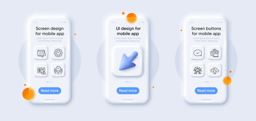 Teamwork, Safe time and Instruction manual line icons pack. 3d phone mockups with cursor. Glass smartphone screen. Software, Approved message, Cloud upload web icon. Vector