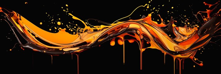 closeup liquid pouring black surface yellow orange splash screen chocolate sauce fructose fire theme unstirred paint bright hives brilliant modern color glazing - obrazy, fototapety, plakaty