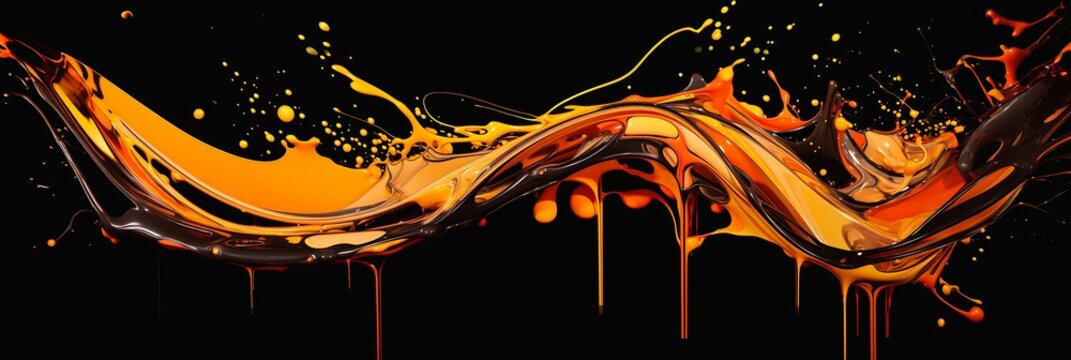 closeup liquid pouring black surface yellow orange splash screen chocolate sauce fructose fire theme unstirred paint bright hives brilliant modern color glazing