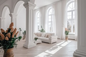 Fototapeta na wymiar White French-style living room with large windows and columns