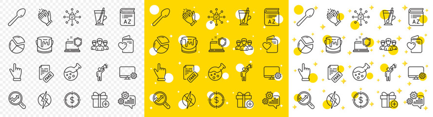 Outline Spoon, Computer security and Love document line icons pack for web with Analytics, Fake news, Brand ambassador line icon. Security lock, Click hand, Paint pictogram icon. Group. Vector