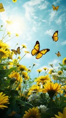 Image of yellow flowers butterflies sky blue sunny environment black wings soft butterfly lighting natural dull colors swirling gardens brown blacks realms resplendent yellows printed on Printed Glass Splashbacks