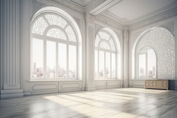 Large white living room with large arched windows and daylight from the window