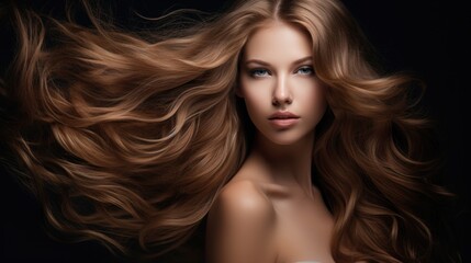 Fototapeta premium Woman with beautiful long wavy hair. Concept of hair care, hair strengthening and coloring.