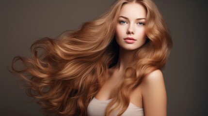 Obraz premium Woman with long wavy hair. Concept of hair care, hair coloring and strengthening. Feminine beauty.