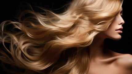 Woman with long wavy hair. Concept of hair care, hair coloring and strengthening. Feminine beauty.