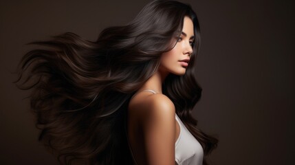 Naklejka premium Photo of a brunette with long luxurious wavy hair. Hair care concept, hair coloring.