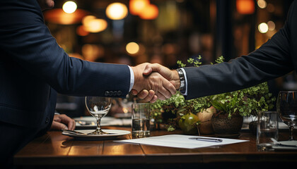 Successful businessmen celebrate teamwork with a congratulatory handshake and drink generated by AI