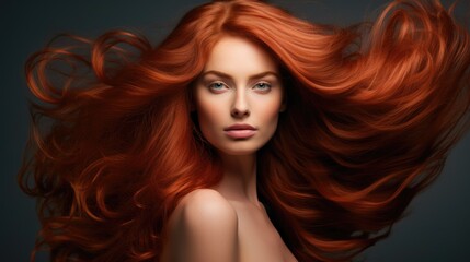 Obraz premium Young beautiful woman with long wavy red hair. Hair care products concept.
