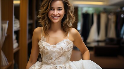 Naklejka premium The bride-to-be is trying on a dress in a bridal boutique.