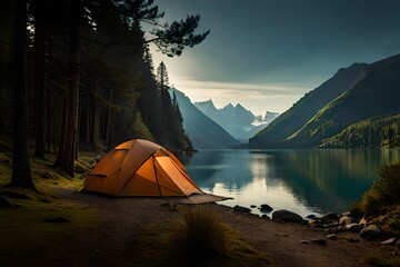 Camping tent near the lake. Created with generative Ai technology. - obrazy, fototapety, plakaty