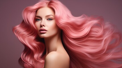 A woman with long dyed pink hair. Concept of hair care and coloring, female beauty.