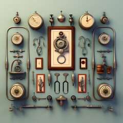 illustration of a complete set of doctor's equipment in one set of frames