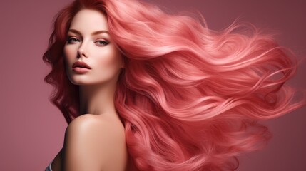 Fototapeta premium A woman with long dyed pink hair. Concept of hair care and coloring, female beauty.