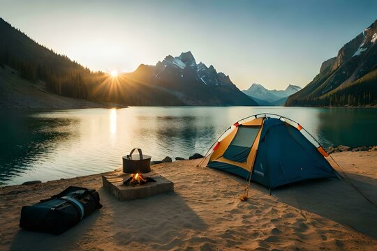 Camping tent near the lake. Created with generative Ai technology.