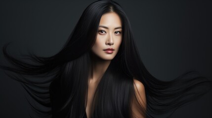 Fototapeta premium Asian woman with dark hair. Concept of hair care, hair coloring and strengthening.
