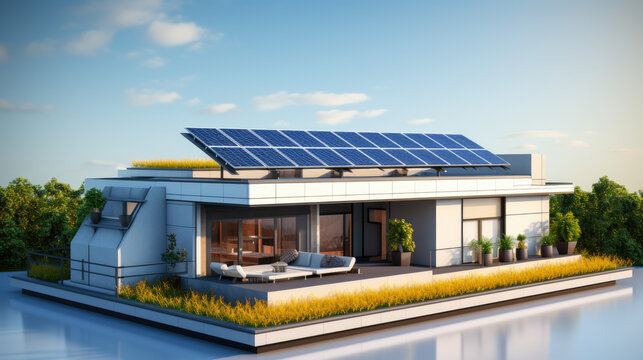 futuristic generic smart home with solar panels rooftop system for renewable energy concepts, solid background, 3d render. generative ai