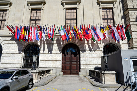 Vienna, Austria: OSCE headquarters in Wien. Flags of OSCE members. Organization for Security and Cooperation in Europe.