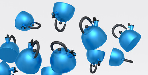 Many of flying steel stovetop kettle with whistle isolated on white background.