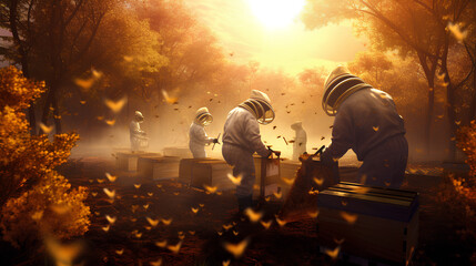 illustration of honey farmers harvesting honey in a forest - obrazy, fototapety, plakaty