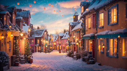Fototapeta na wymiar Cute village street, houses, winter, snow