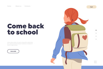 Come back to school landing page with happy schoolgirl with backpack walking on lesson design