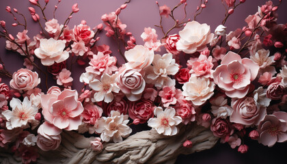 Flower bouquet, pink petals, fresh blossoms, nature beauty in composition generated by AI