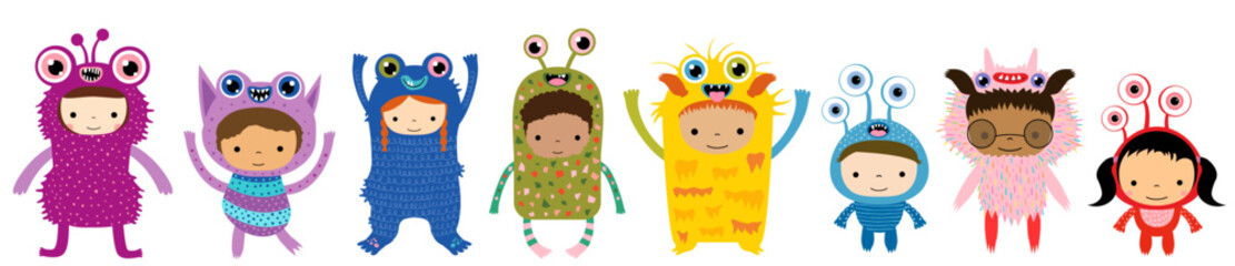 Cute children dressed in funny monster costumes, vector illustration elements for Halloween celebration designs, birthday party invitations and carnival and festival posters - 655428376