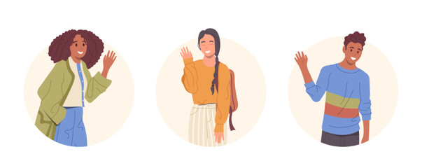 Isolated set of round icon composition set with happy young teenager interracial cartoon character