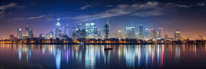 Night Panoramic View of Warsaw Skyline and City Landscape over Vistula River in Poland - obrazy, fototapety, plakaty