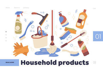 Landing page for online service offering household products for home cleaning and disinfection - obrazy, fototapety, plakaty