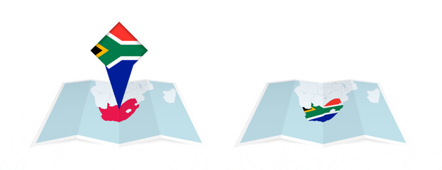 Two versions of an South Africa folded map, one with a pinned country flag and one with a flag in the map contour. Template for both print and online design.