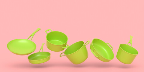 Set of flying stewpot, frying pan and plated cookware on monochrome background